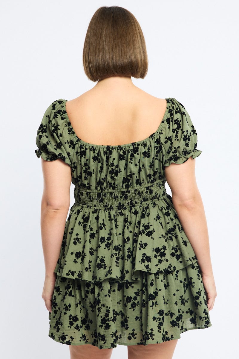Green Ditsy Skater Dress Short Sleeve Shirred Waist - Image 4