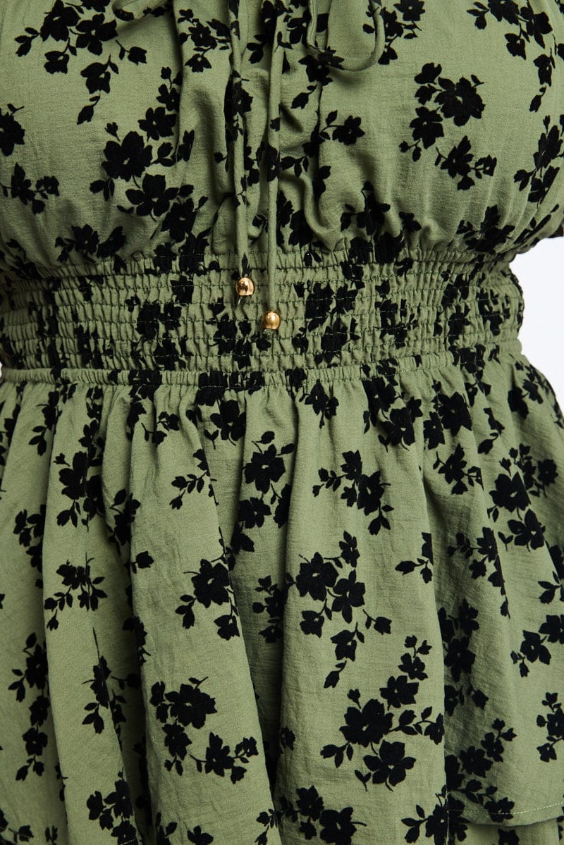 Green Ditsy Skater Dress Short Sleeve Shirred Waist - Image 5