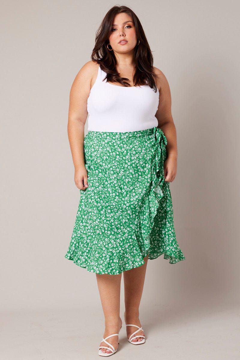 Green Ditsy Wrapover Frill Rayon Midi Skirt - Image 2