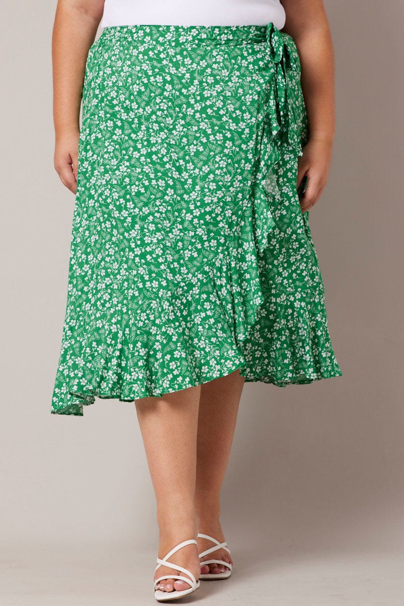 Green Ditsy Wrapover Frill Rayon Midi Skirt - Image 3