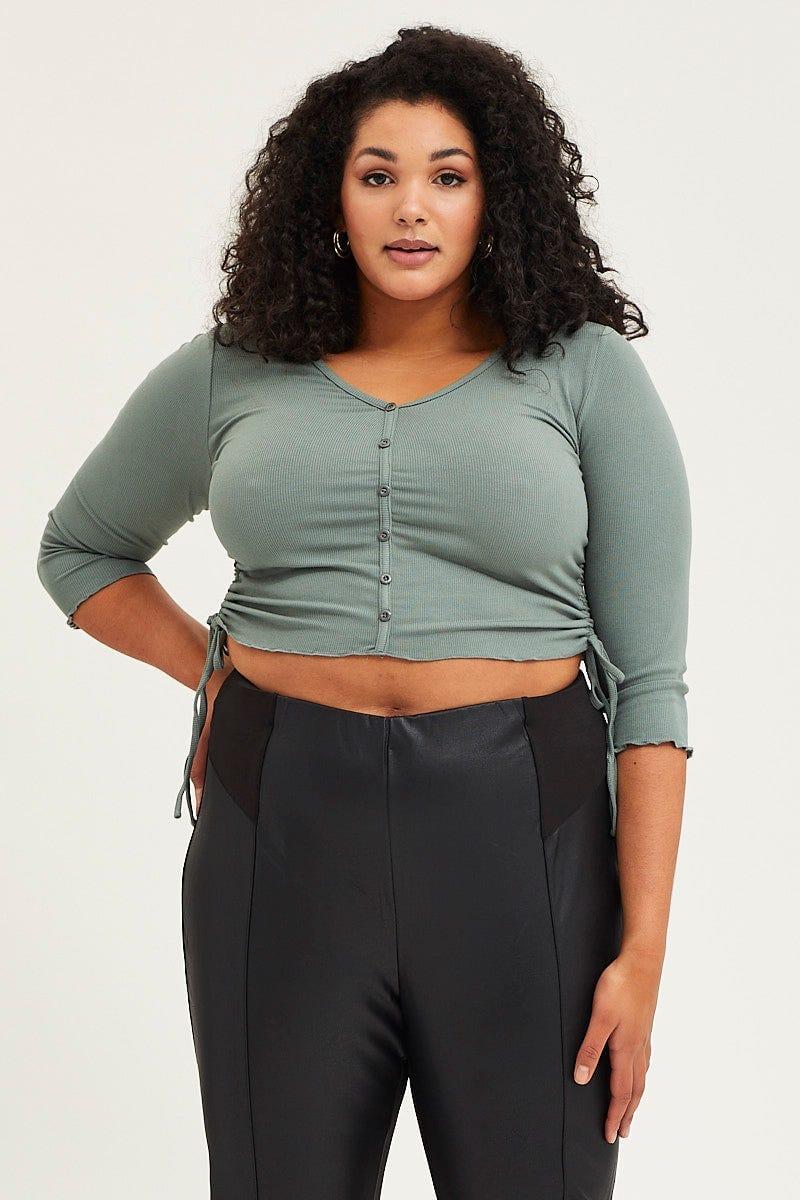 Green Drawstring Top Three Quater Sleeve Button Front - Image 3