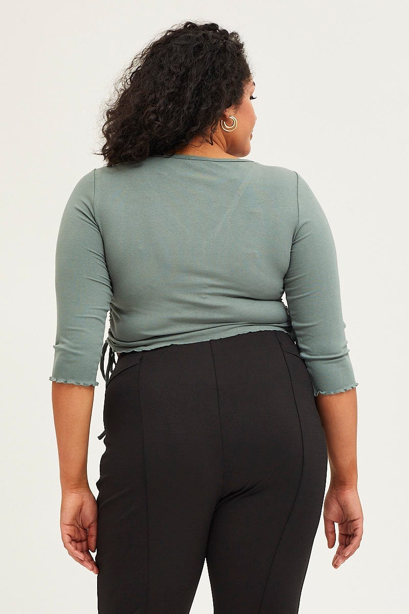 Green Drawstring Top Three Quater Sleeve Button Front - Image 5