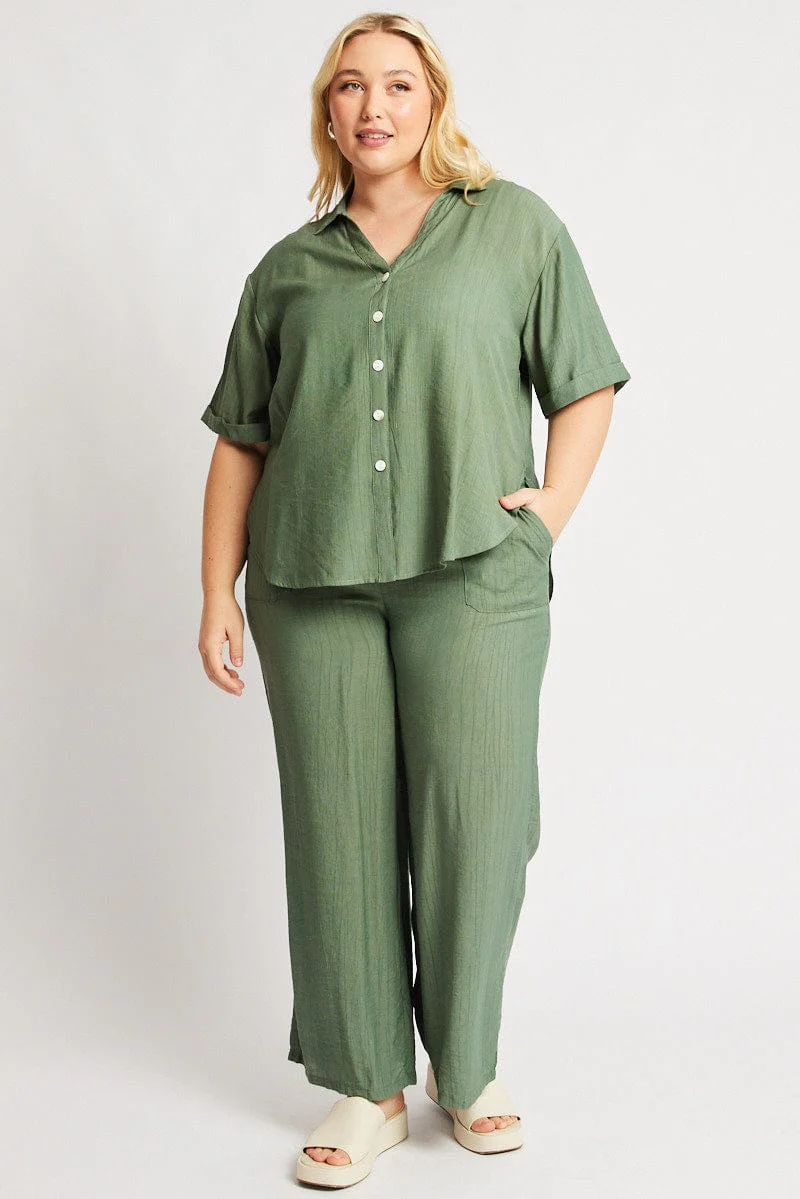 Green Drawstring Waist Wide Leg Textured Pants - Image 2