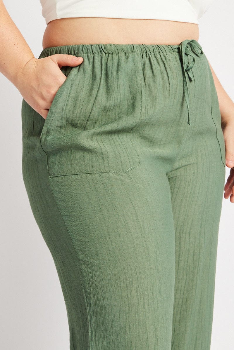Green Drawstring Waist Wide Leg Textured Pants - Image 6