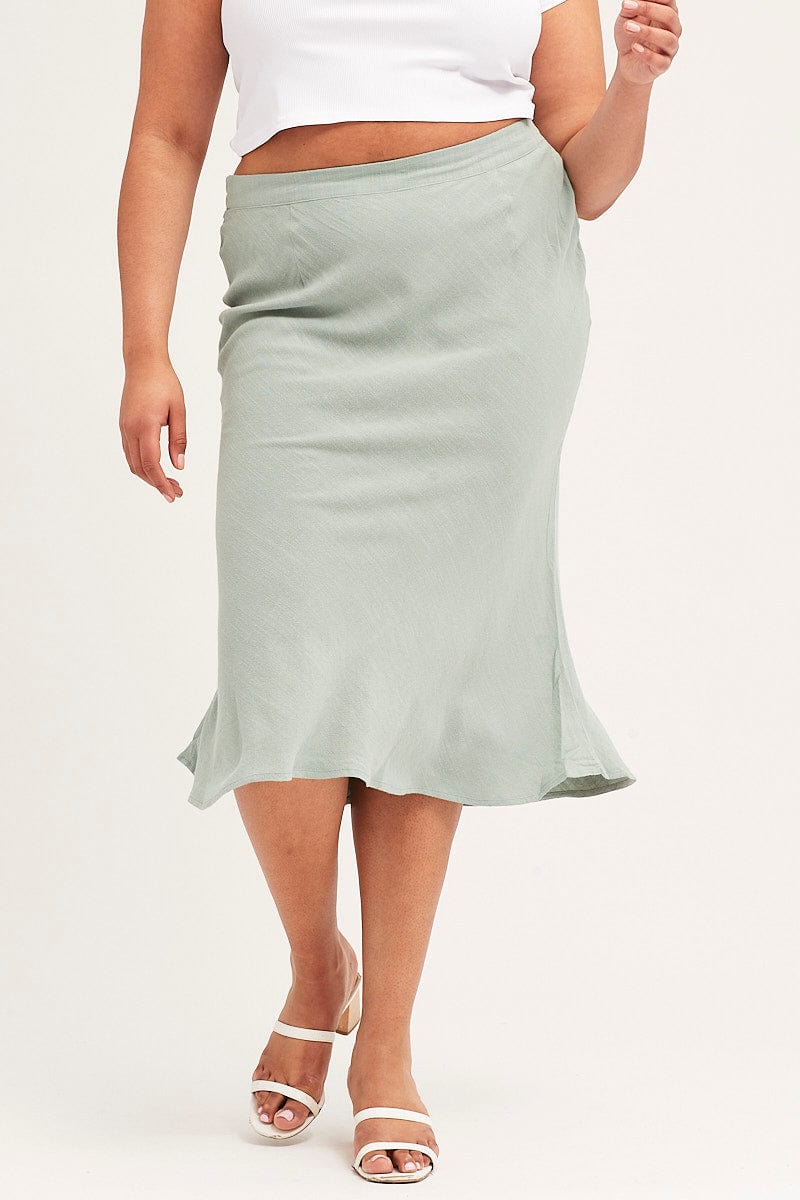 Green Elastic Waist Bias Linen Blend Skirt - Image 2