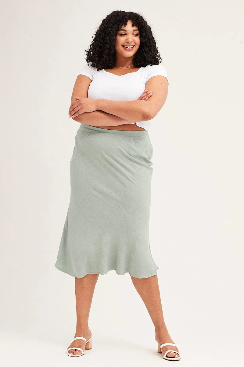 Green Elastic Waist Bias Linen Blend Skirt - Image 3