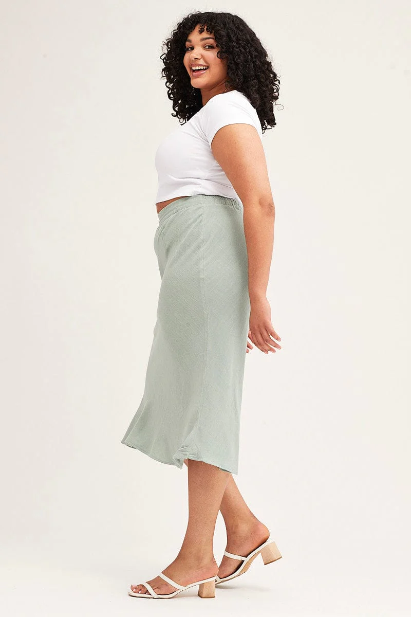 Green Elastic Waist Bias Linen Blend Skirt - Image 4
