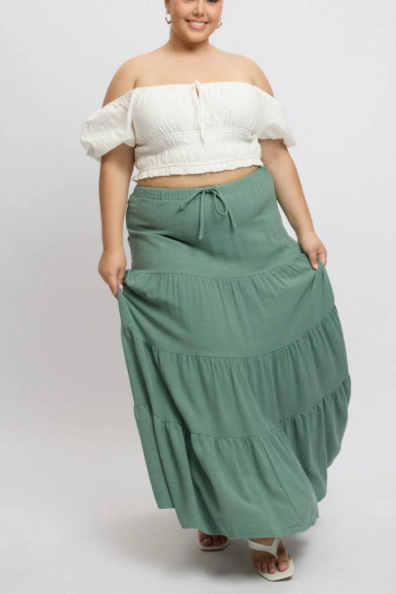 Green Elastic Waist Tiered Linen Blend Maxiskirt - Image 2