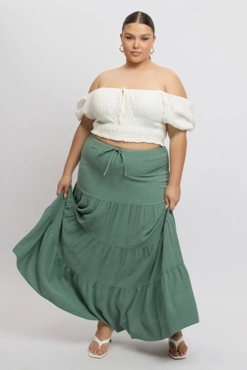 Green Elastic Waist Tiered Linen Blend Maxiskirt - Image 3