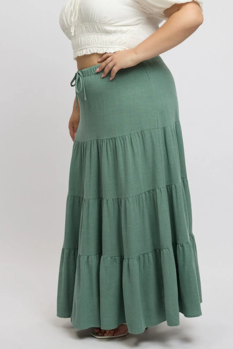 Green Elastic Waist Tiered Linen Blend Maxiskirt - Image 4