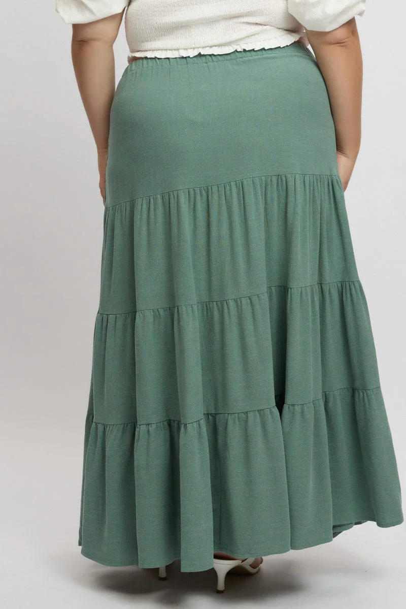 Green Elastic Waist Tiered Linen Blend Maxiskirt - Image 5