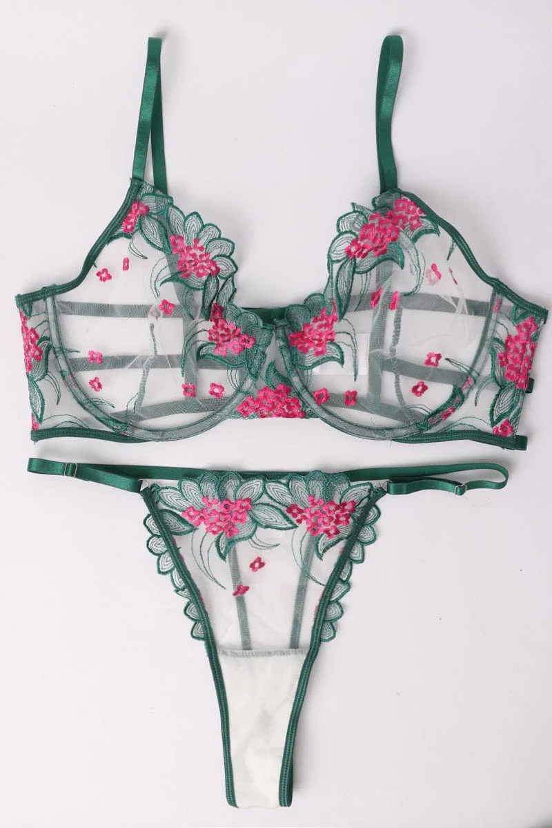 Green Embroidered Lingerie Set