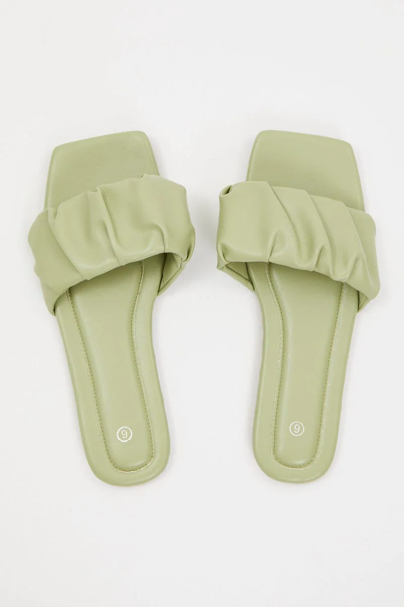 Green Faux Leather Ruched Flat Slides - Image 3