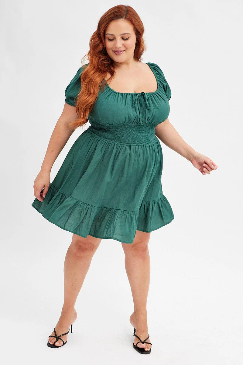 Green Fit And Flare Dress Short Sleeve Gathered Bust - Image 2
