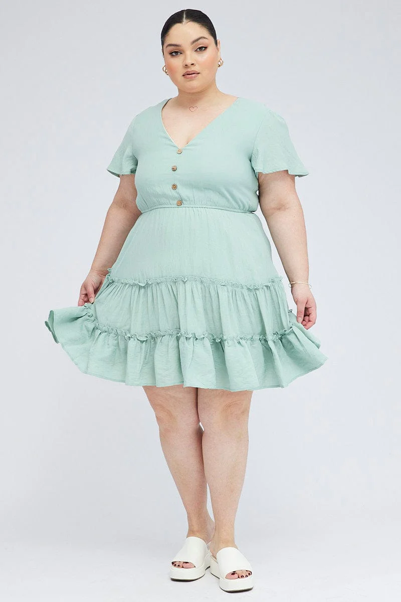 Green Fit And Flare Dress Short Sleeve V-neck - Image 2