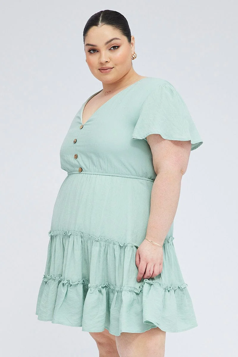 Green Fit And Flare Dress Short Sleeve V-neck - Image 3