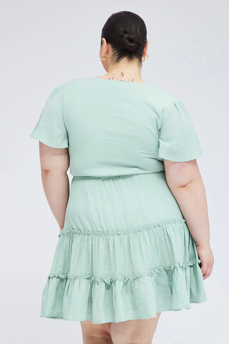 Green Fit And Flare Dress Short Sleeve V-neck - Image 5