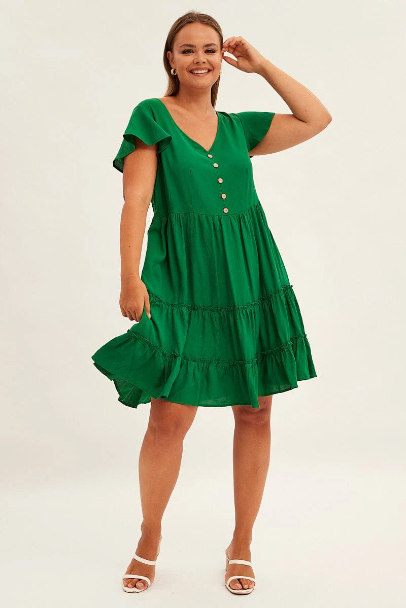 Green Fit And Flare Dress Short Sleeve V-neck - Image 2