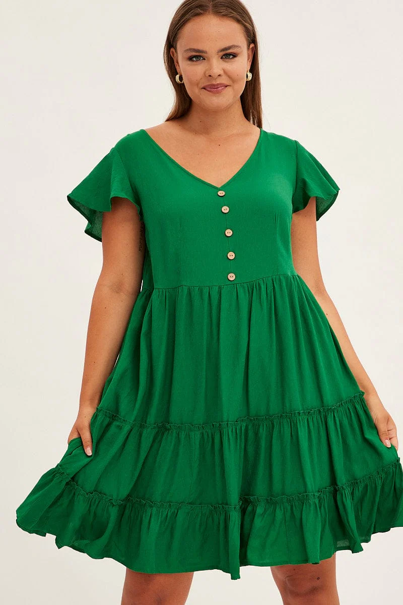 Green Fit And Flare Dress Short Sleeve V-neck - Image 3