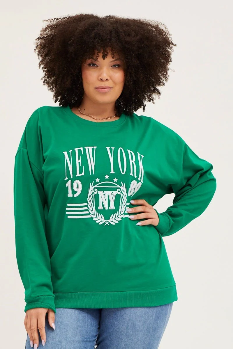 Green Fleece Sweatshirt Nyc Embroidered Long Sleeve