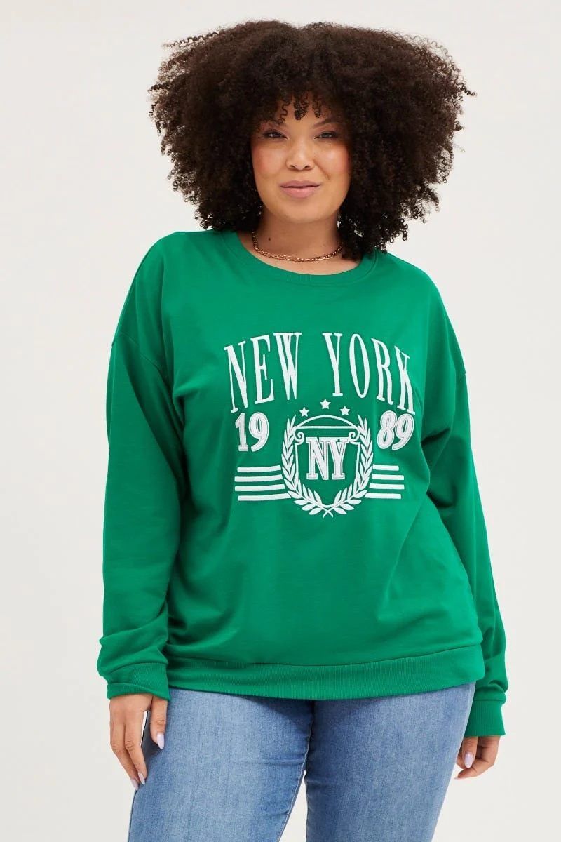 Green Fleece Sweatshirt Nyc Embroidered Long Sleeve - Image 3