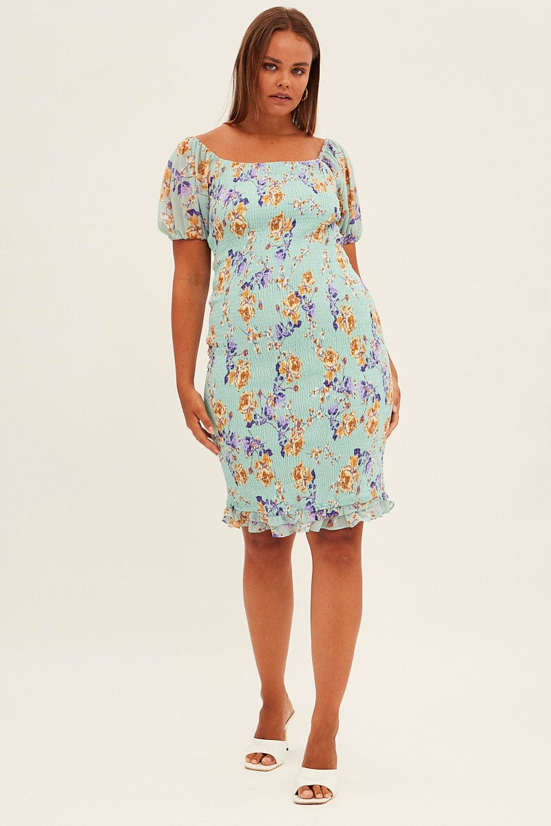 Green Floral Bodycon Dress Short Sleeve Off Shoulder Shirred - Image 2