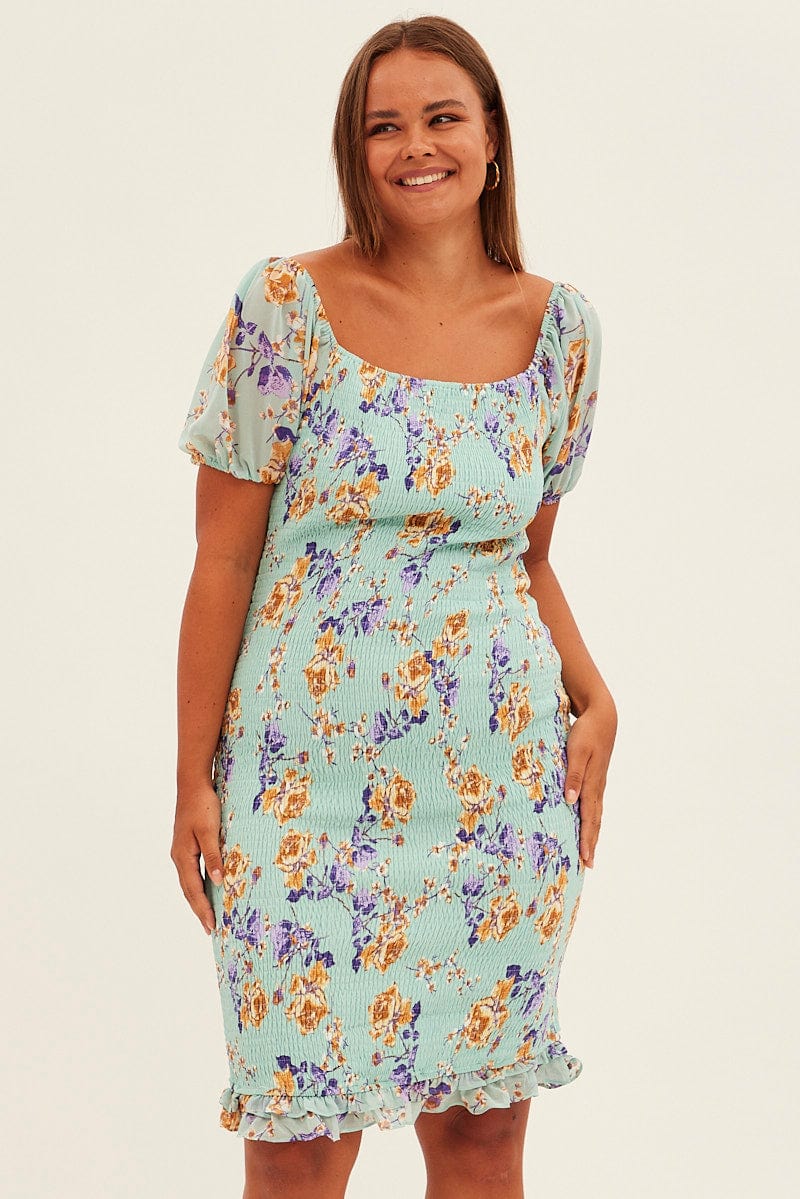 Green Floral Bodycon Dress Short Sleeve Off Shoulder Shirred - Image 3