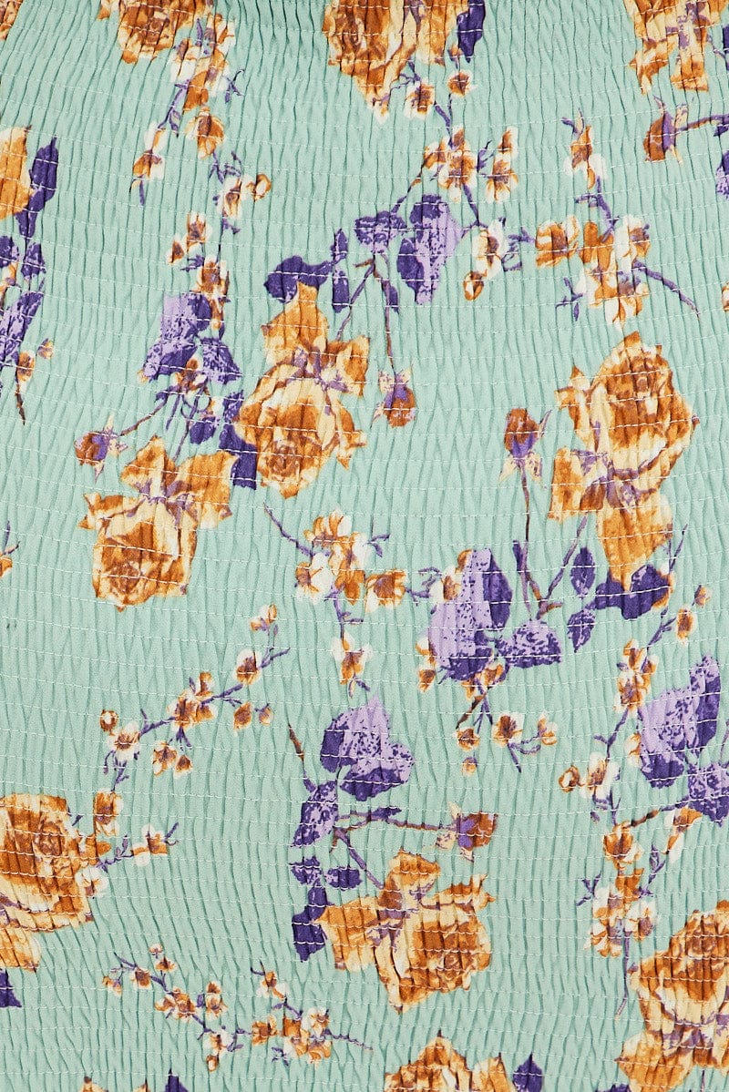 Green Floral Bodycon Dress Short Sleeve Off Shoulder Shirred - Image 6