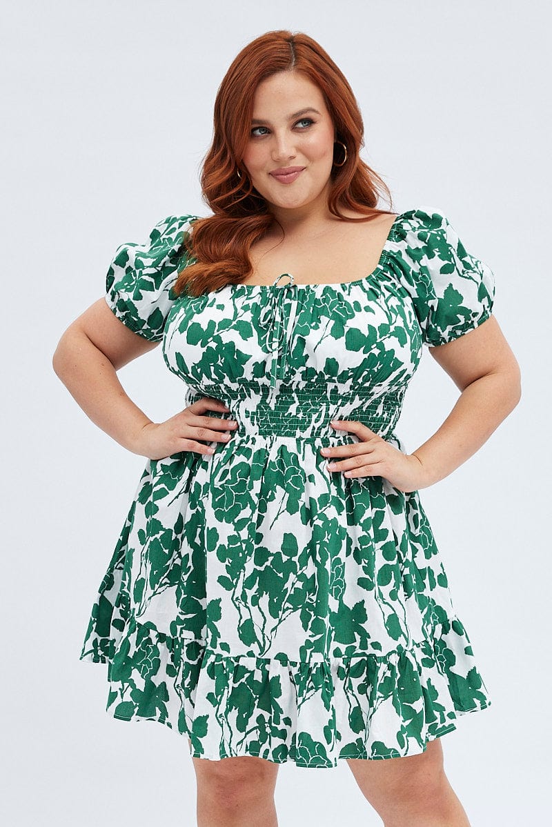 Green Floral Fit And Flare Dress Short Sleeve
