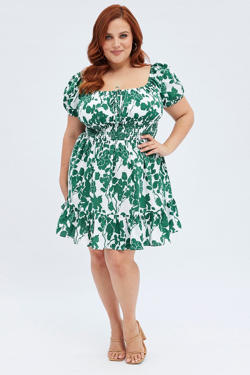 Green Floral Fit And Flare Dress Short Sleeve - Image 2