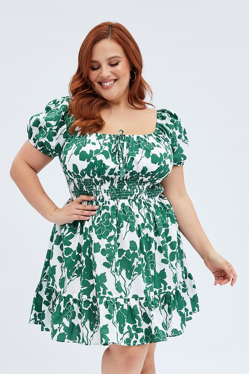 Green Floral Fit And Flare Dress Short Sleeve - Image 3