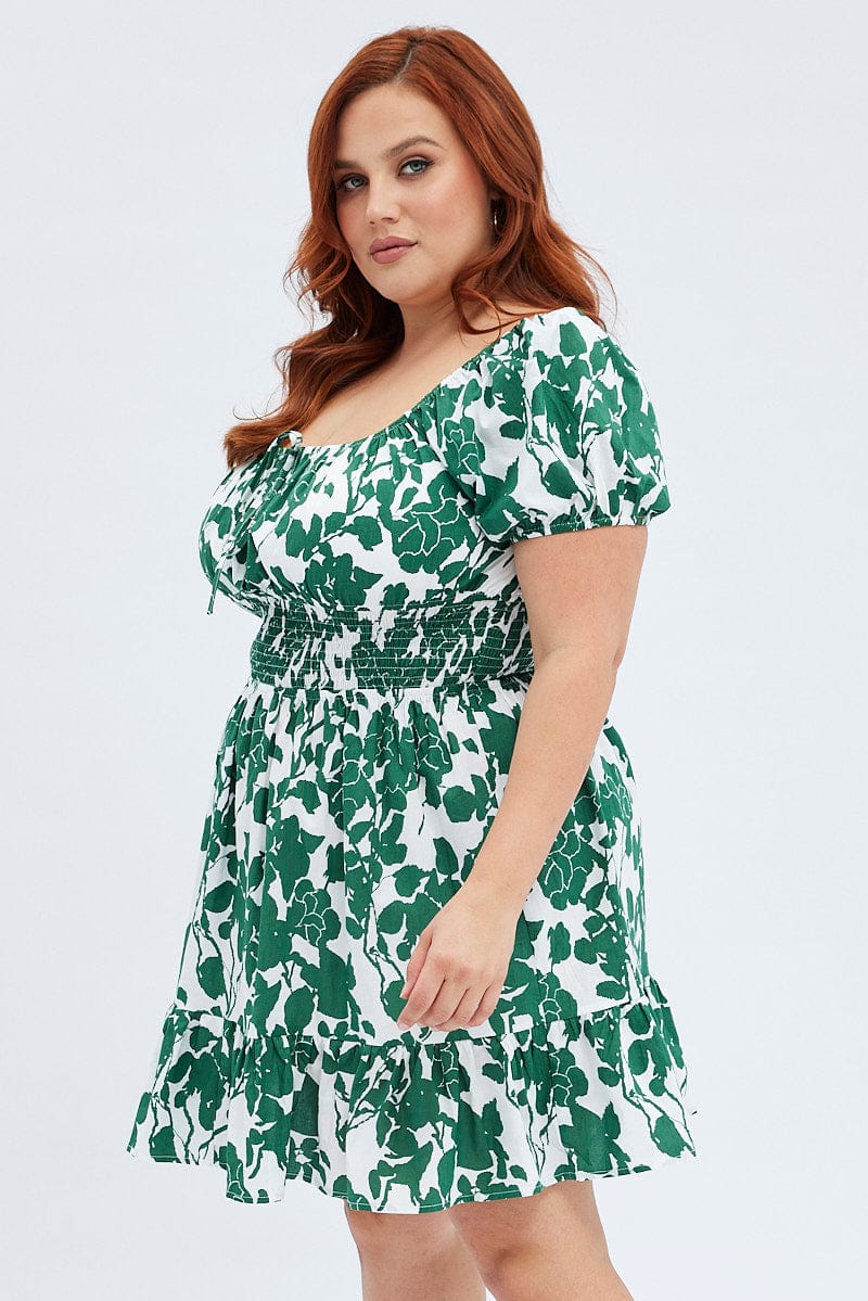 Green Floral Fit And Flare Dress Short Sleeve - Image 4