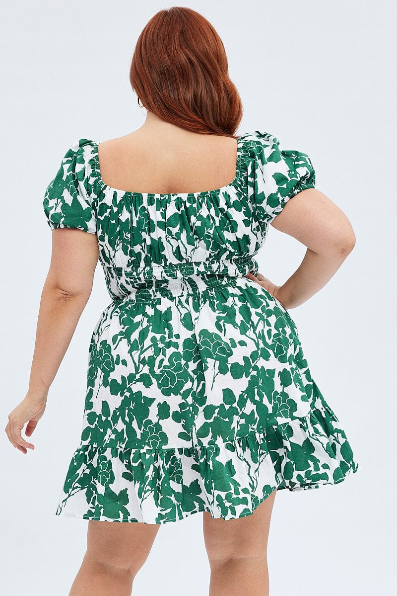 Green Floral Fit And Flare Dress Short Sleeve - Image 5