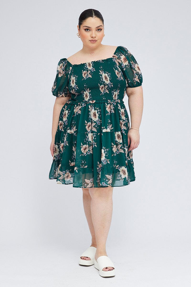Green Floral Fit And Flare Dress Short Sleeve Shirred - Image 2
