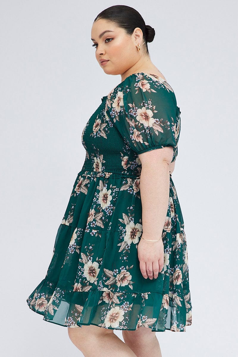 Green Floral Fit And Flare Dress Short Sleeve Shirred - Image 4