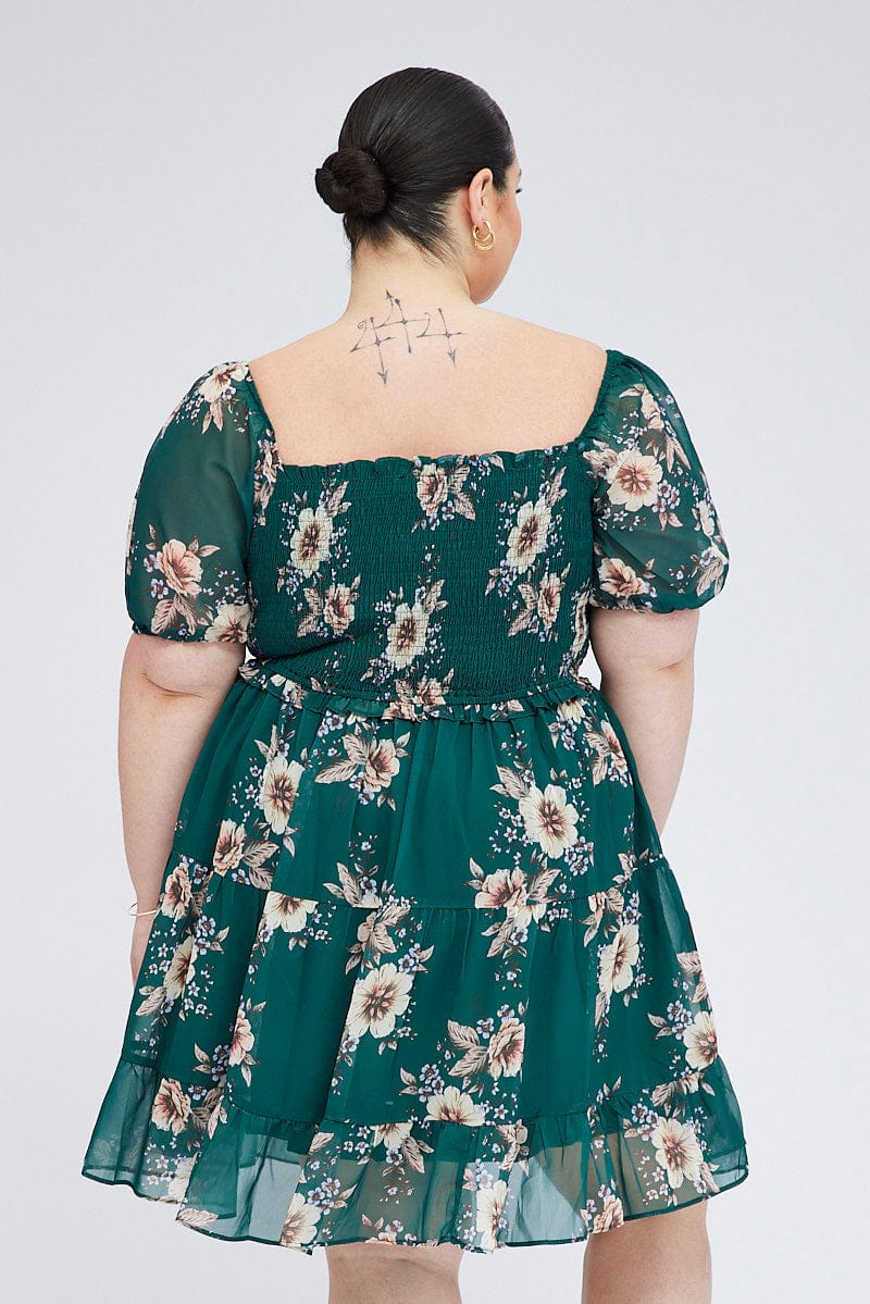 Green Floral Fit And Flare Dress Short Sleeve Shirred - Image 5
