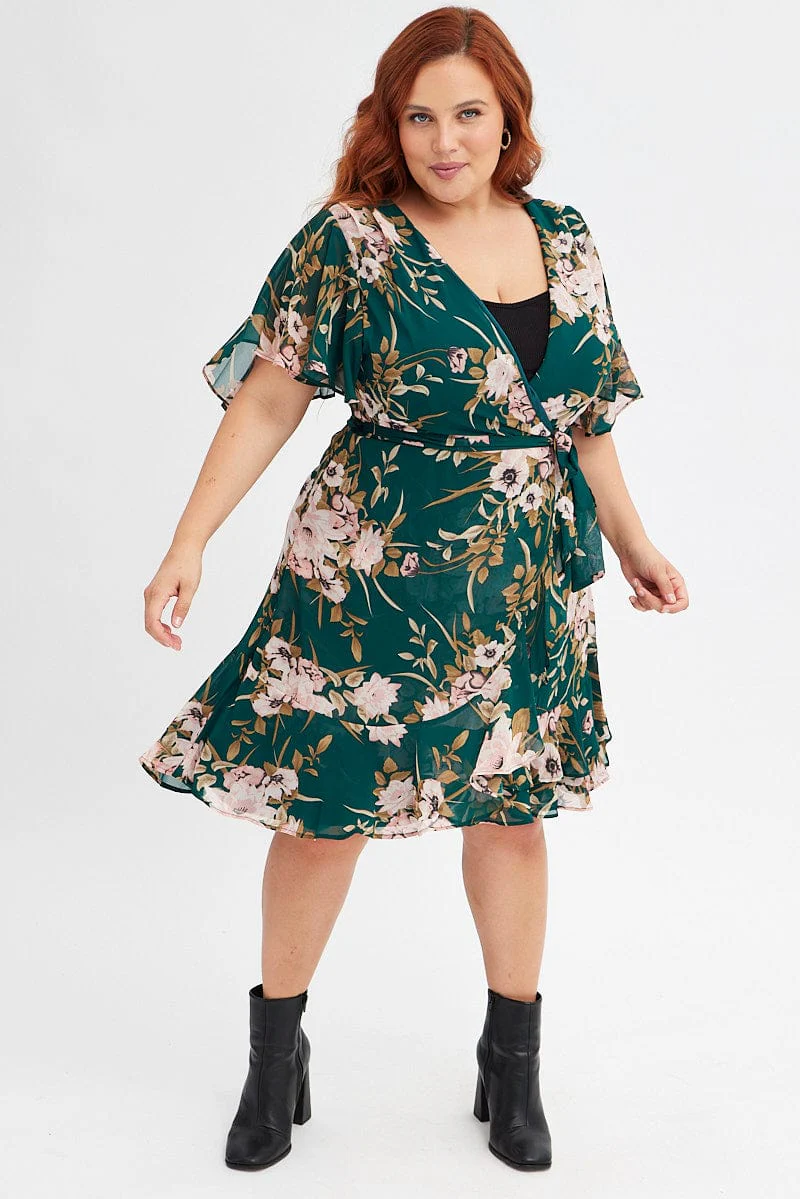 Green Floral Fit And Flare Dress Short Sleeve Wrap - Image 2