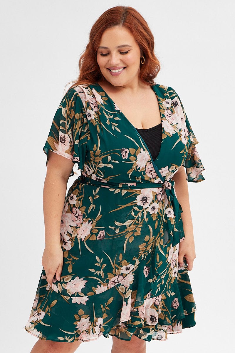 Green Floral Fit And Flare Dress Short Sleeve Wrap - Image 3