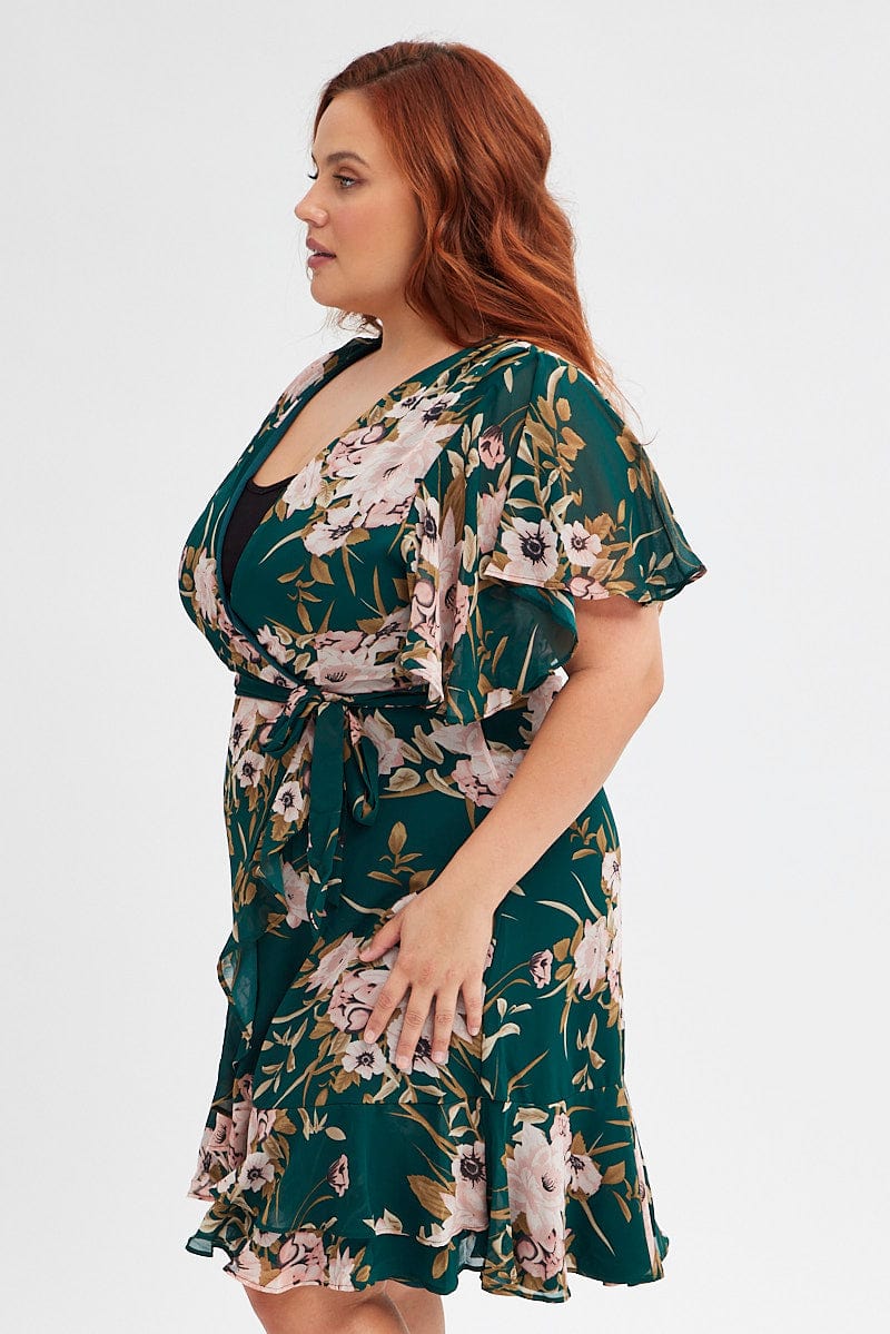 Green Floral Fit And Flare Dress Short Sleeve Wrap - Image 4