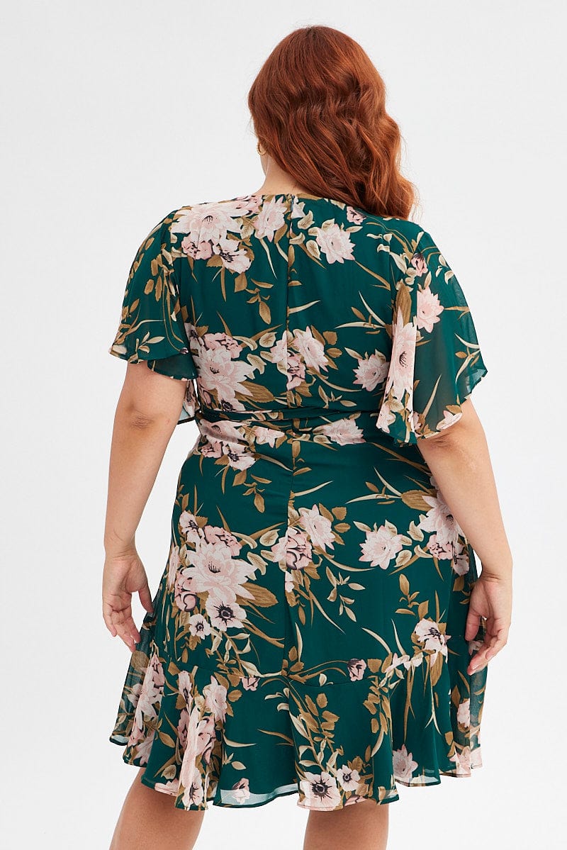 Green Floral Fit And Flare Dress Short Sleeve Wrap - Image 5
