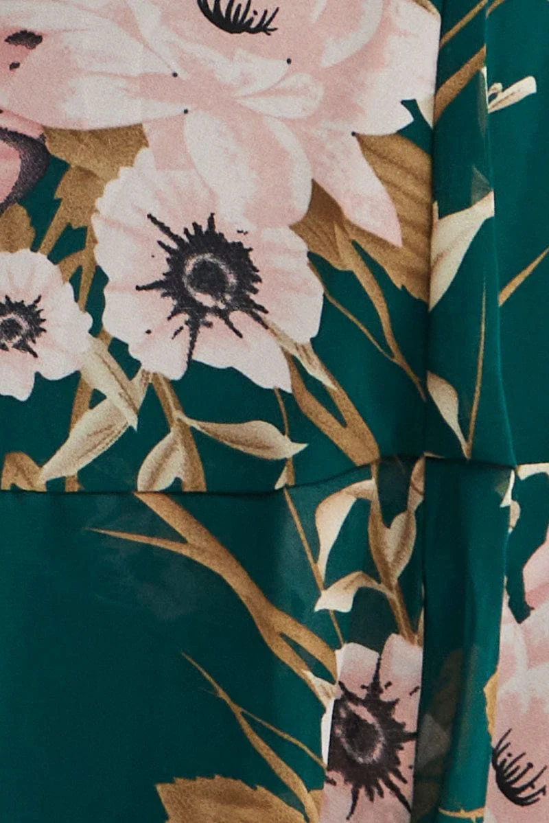 Green Floral Fit And Flare Dress Short Sleeve Wrap - Image 6