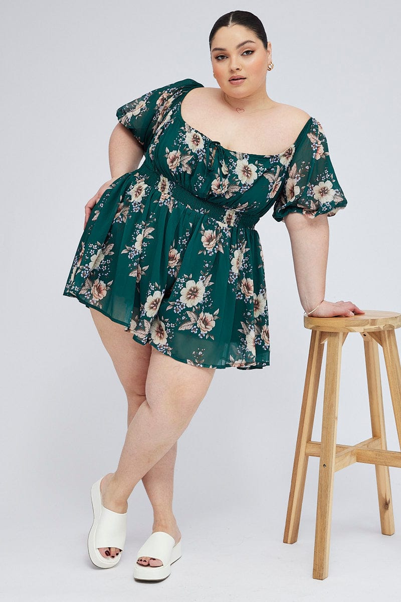 Green Floral Floral Playsuit Long Sleeve
