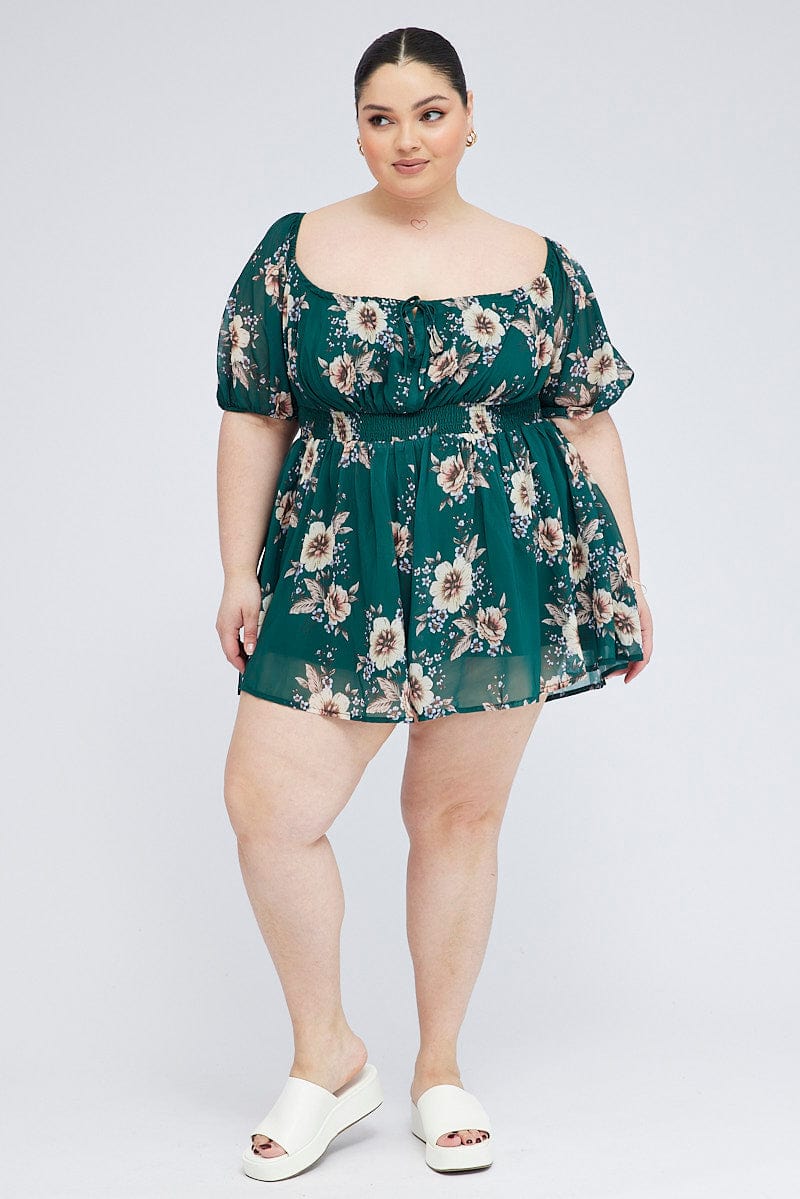 Green Floral Floral Playsuit Long Sleeve - Image 2
