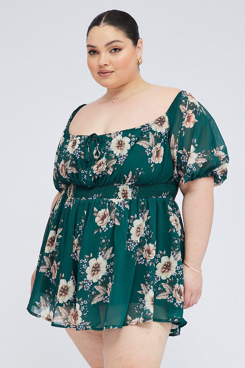 Green Floral Floral Playsuit Long Sleeve - Image 3