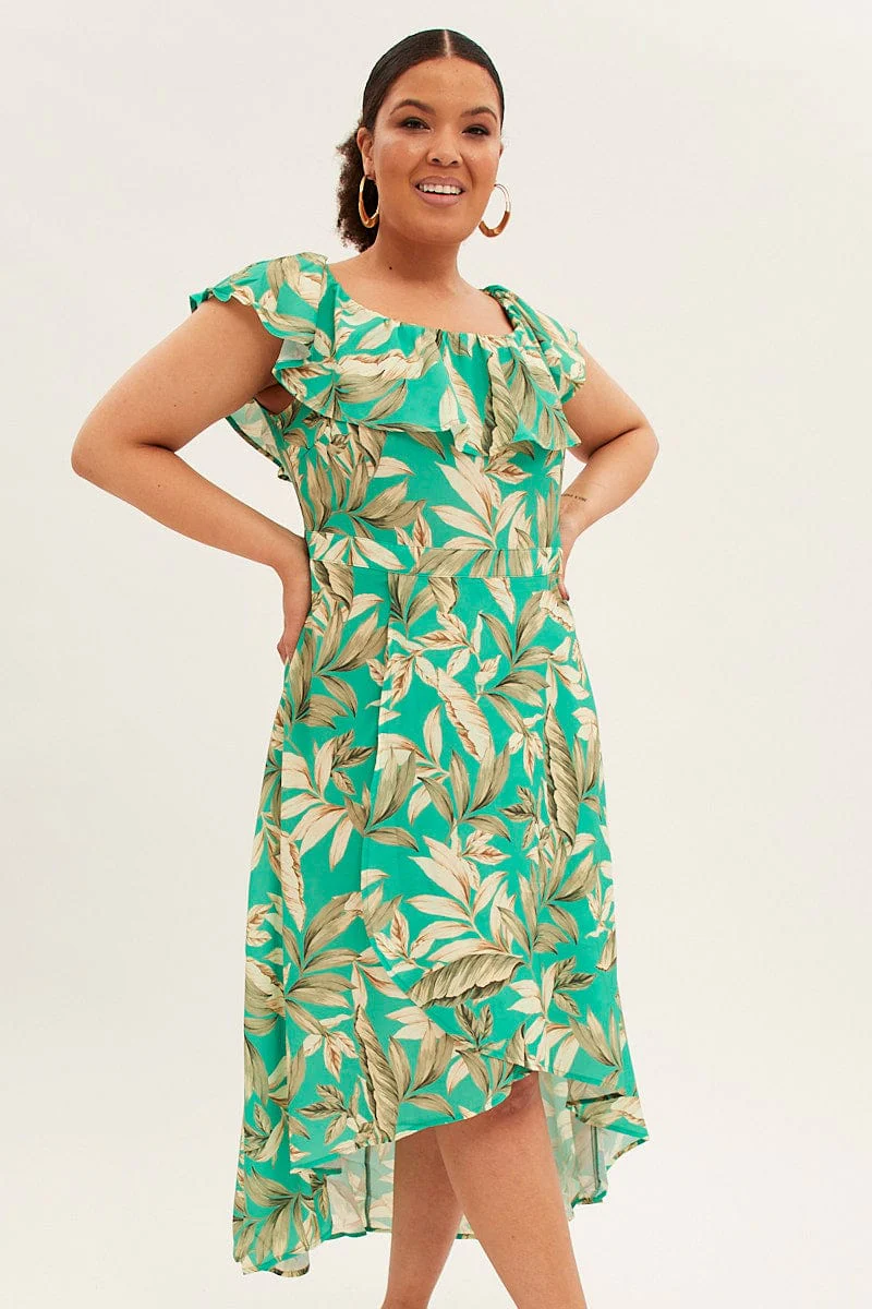 Green Floral Maxi Dress Off Shoulder Crepe - Image 2