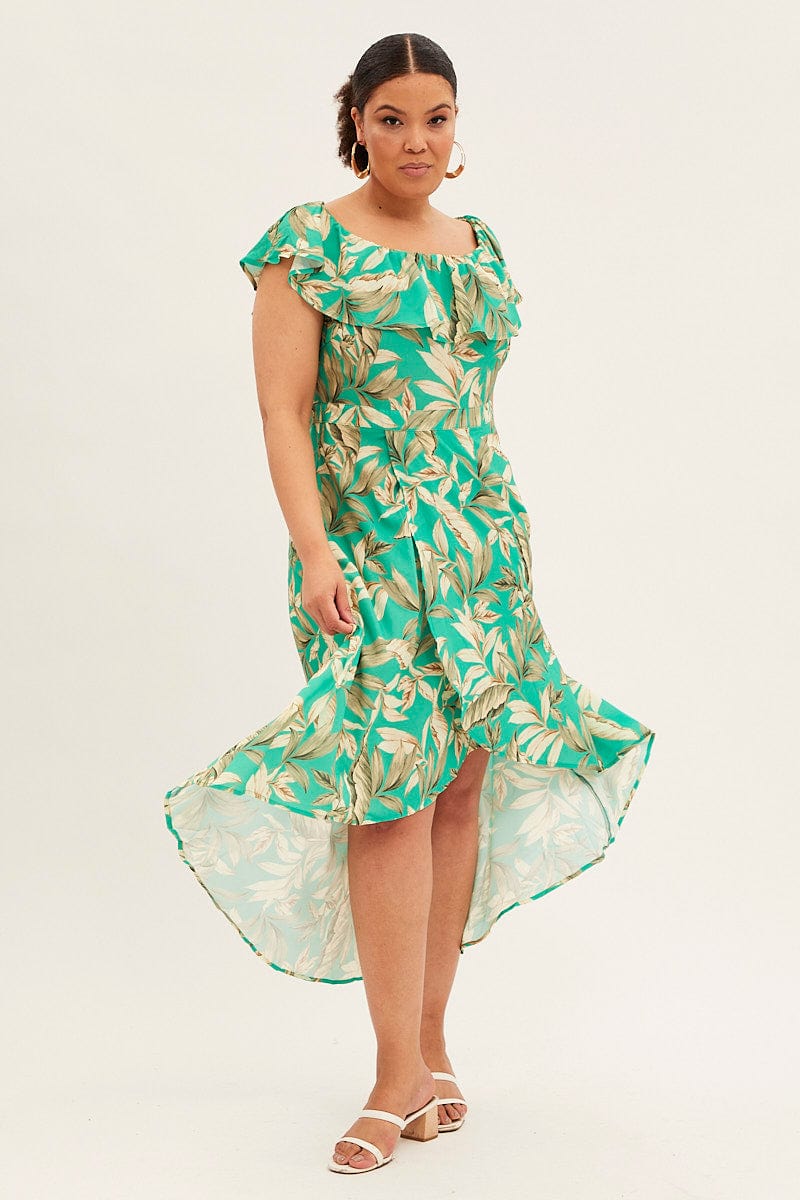 Green Floral Maxi Dress Off Shoulder Crepe - Image 3