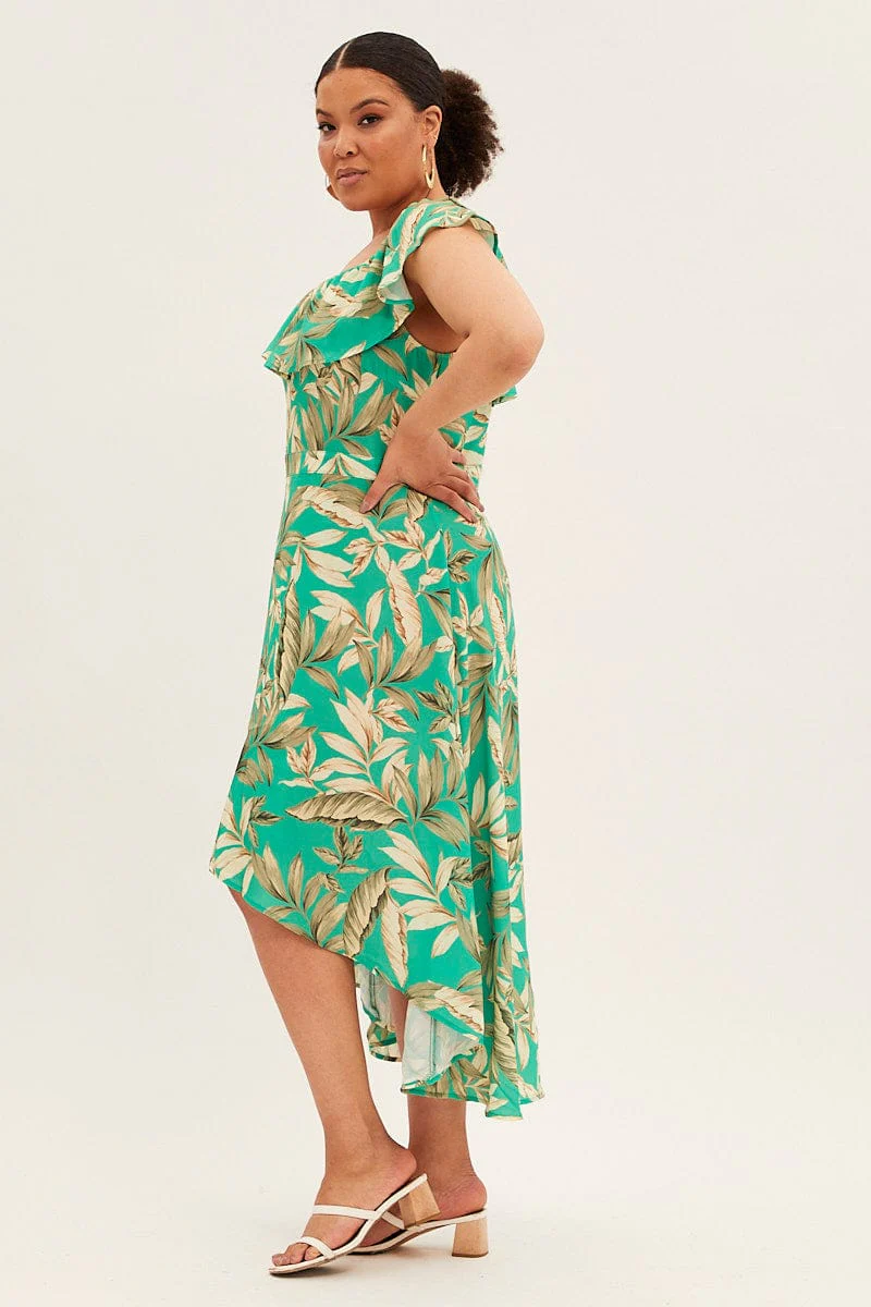 Green Floral Maxi Dress Off Shoulder Crepe - Image 4