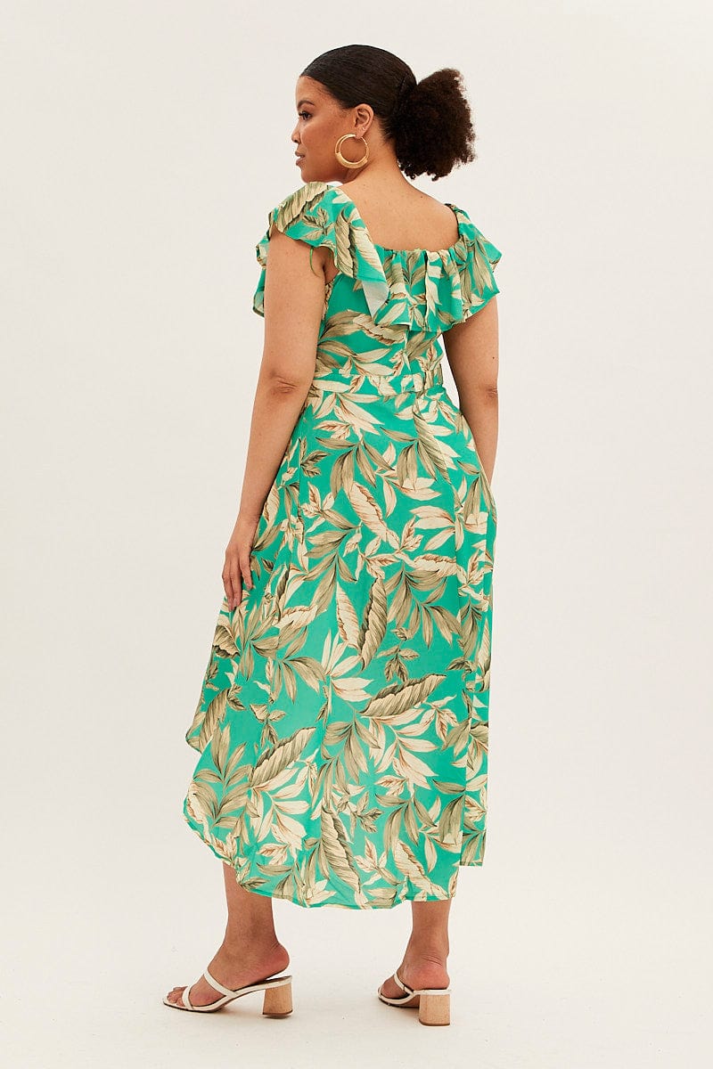 Green Floral Maxi Dress Off Shoulder Crepe - Image 5