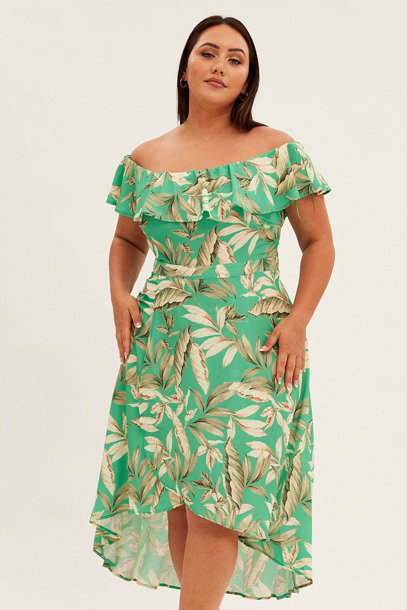 Green Floral Maxi Dress Off Shoulder Crepe - Image 2