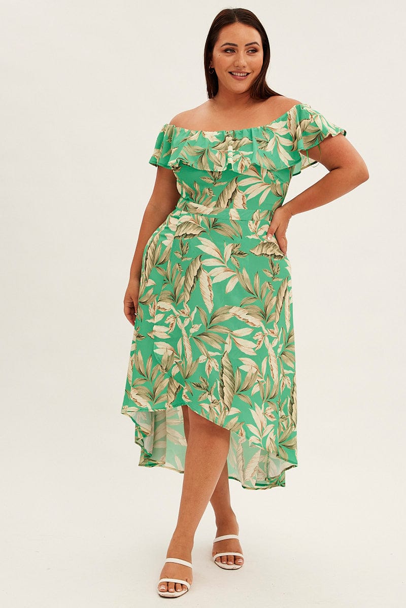 Green Floral Maxi Dress Off Shoulder Crepe - Image 3
